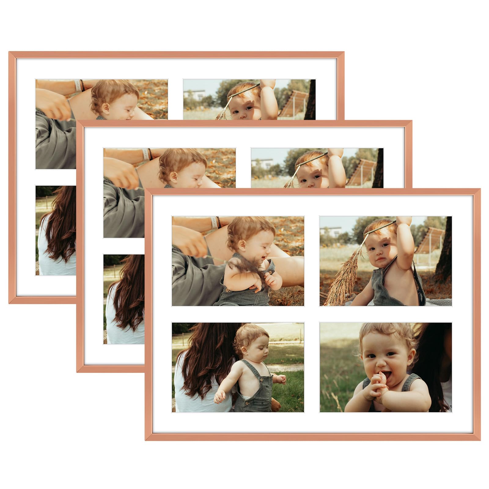 Golden State Art, 5x7 Aluminum Collage Frame, Displays 7x5 Pictures With 4 Openings Mat or One 12x16 Photo, Real Glass, Portrait/Landscape Wall Display, Rose Gold, 3 Pack