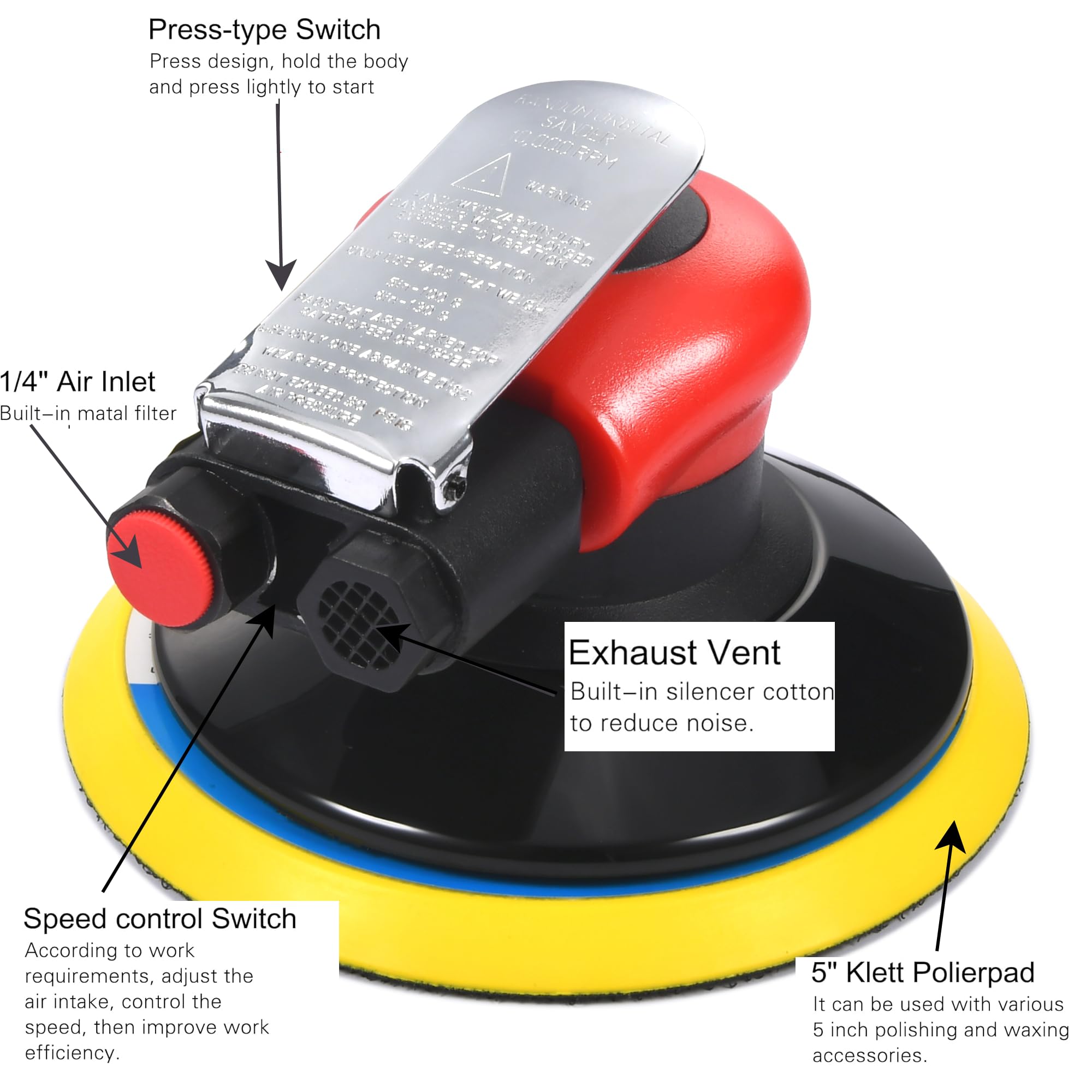 Levigatrice Orbitale Ad Aria Compressa 125mm - 12000 RPM, Compatta E Potente Per Legno E Metallo