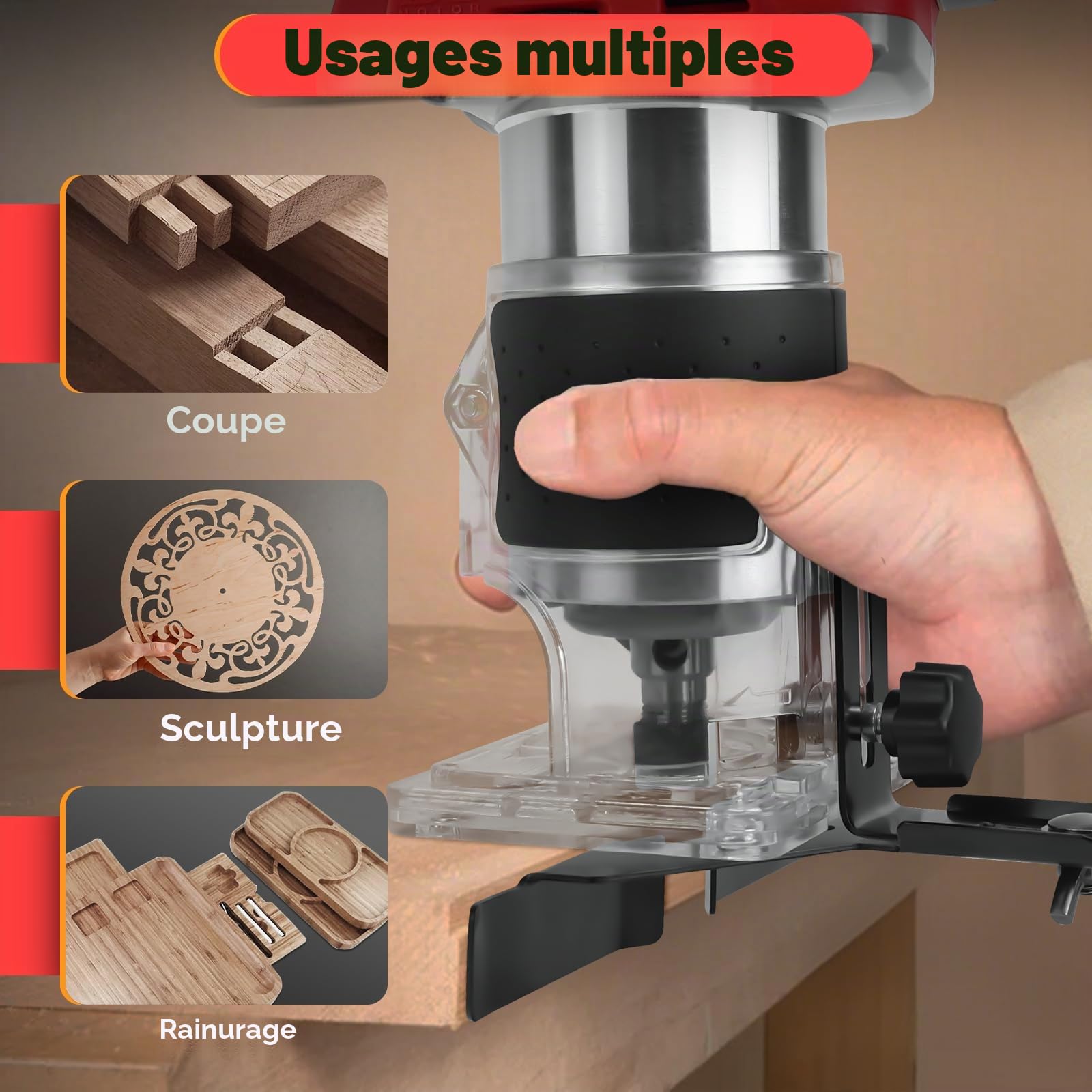 Défonceuse sans fil compatible avec batterie Milwaukee 18 V, 800 W sans balais avec 5 vitesses, 30 000 tr/min, 5 routeurs à col enfichable 1/4" pour le travail du bois, la coupe (sans batterie)
