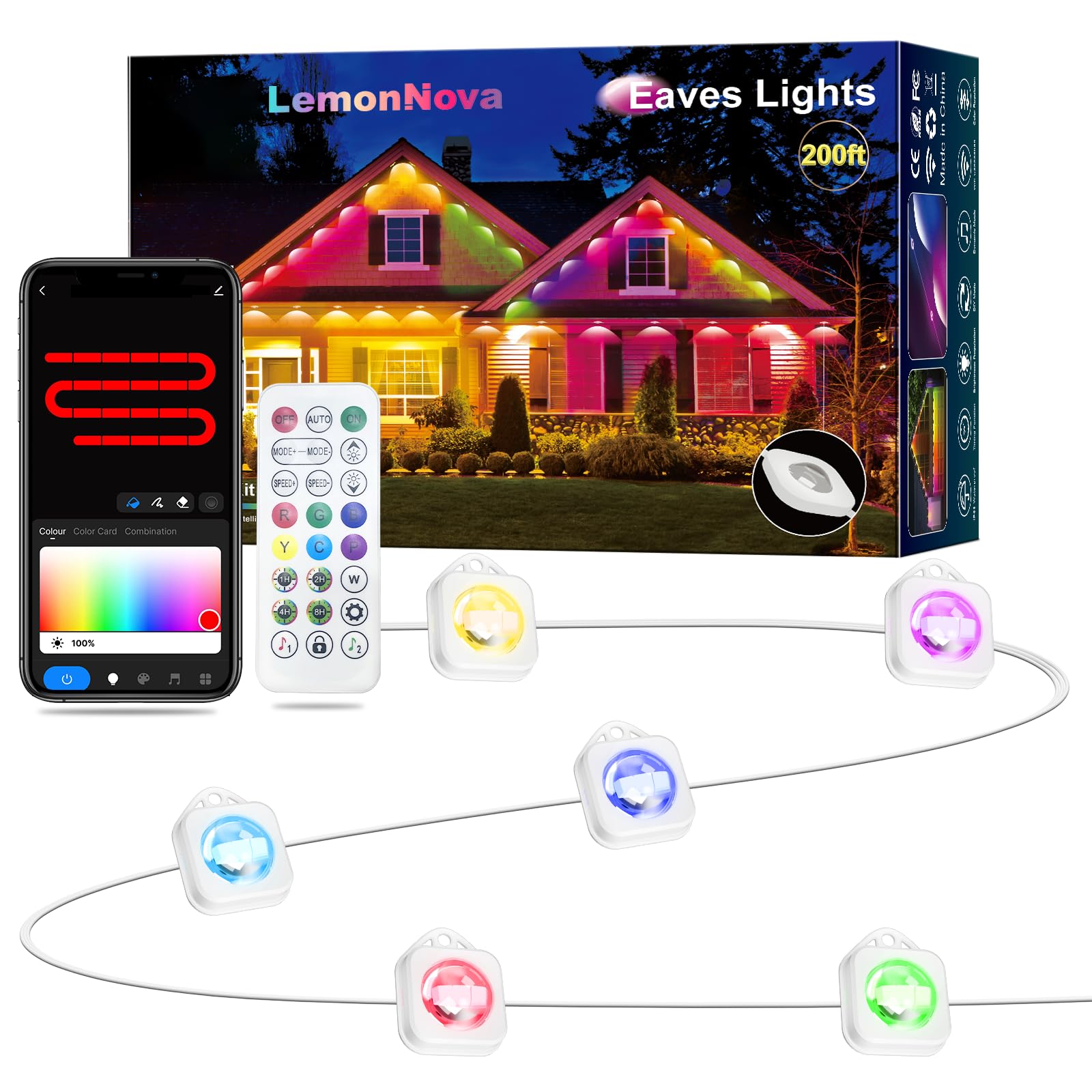 LemonNova Permanent Outdoor Lights, 200ft with 144 LED Eaves Lights IP67 Waterproof, RGB Outdoor Lights with DIY Scene Modes, Suitable for Holiday and Daily Using, Work with Remote & Alexa
