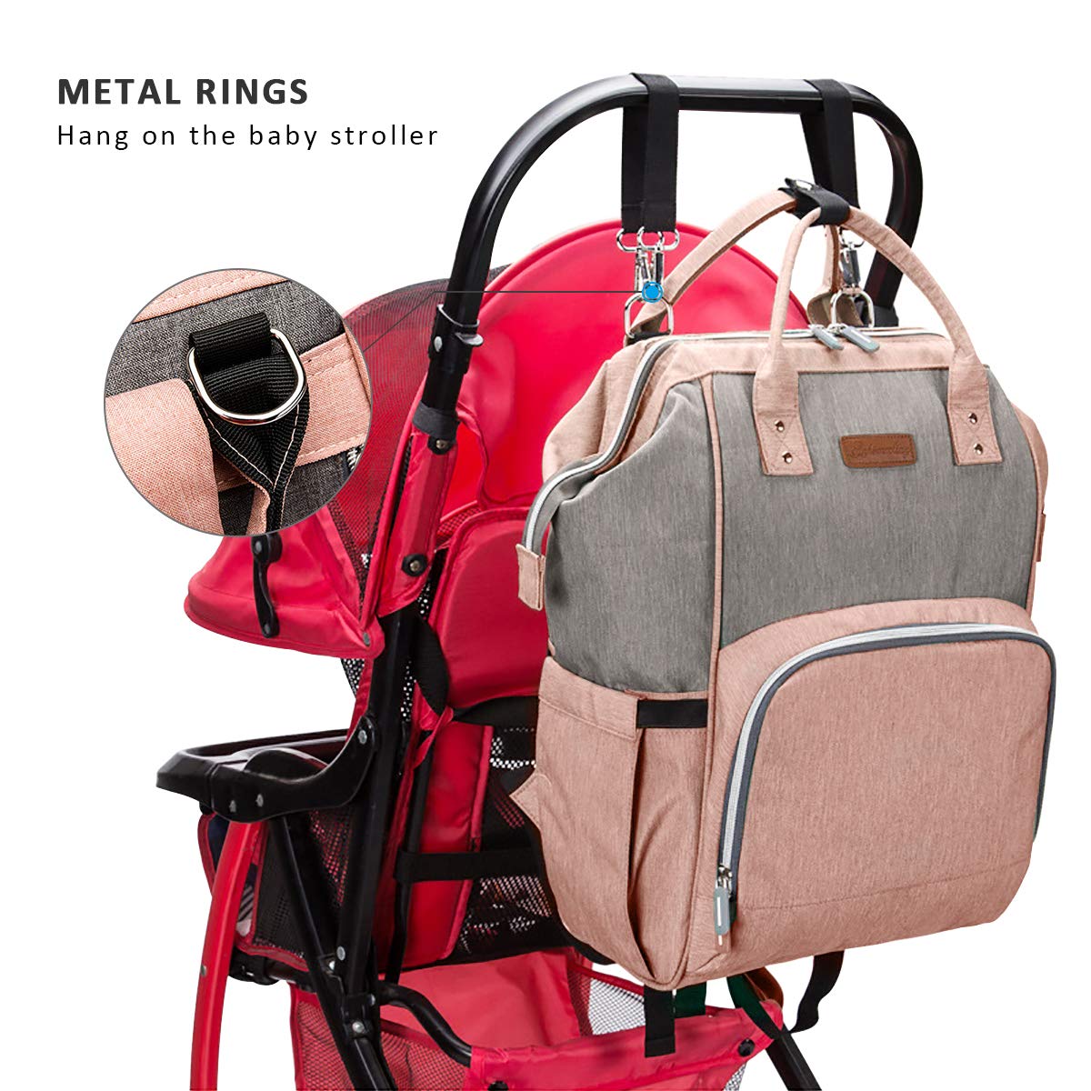 SONARIN Multifunzione Zaino Fasciatoio Bambino per Pannolini,Organizer per Zaino da Viaggio,Interfaccia USB,Impermeabile,Grande Capacità(Rosa & Grigio)