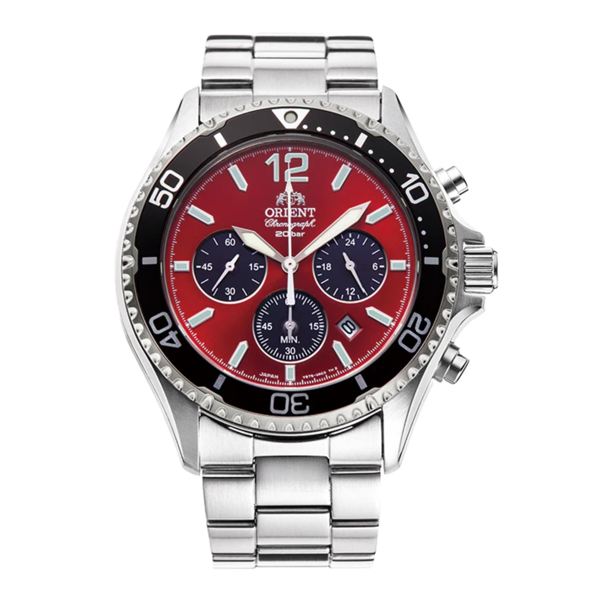 Orient Mako Solar czerwona tarcza stalowa bransoletka męski zegarek RA-TX0207R10B, Czerwony, bransoletka