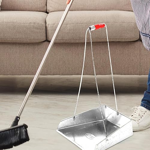 Miniatura 8 de Recogedor de metal con asa de acero inoxidable, recogedor vertical de pie, mango largo, bandeja de polvo de metal para interiores para vestíbulo,