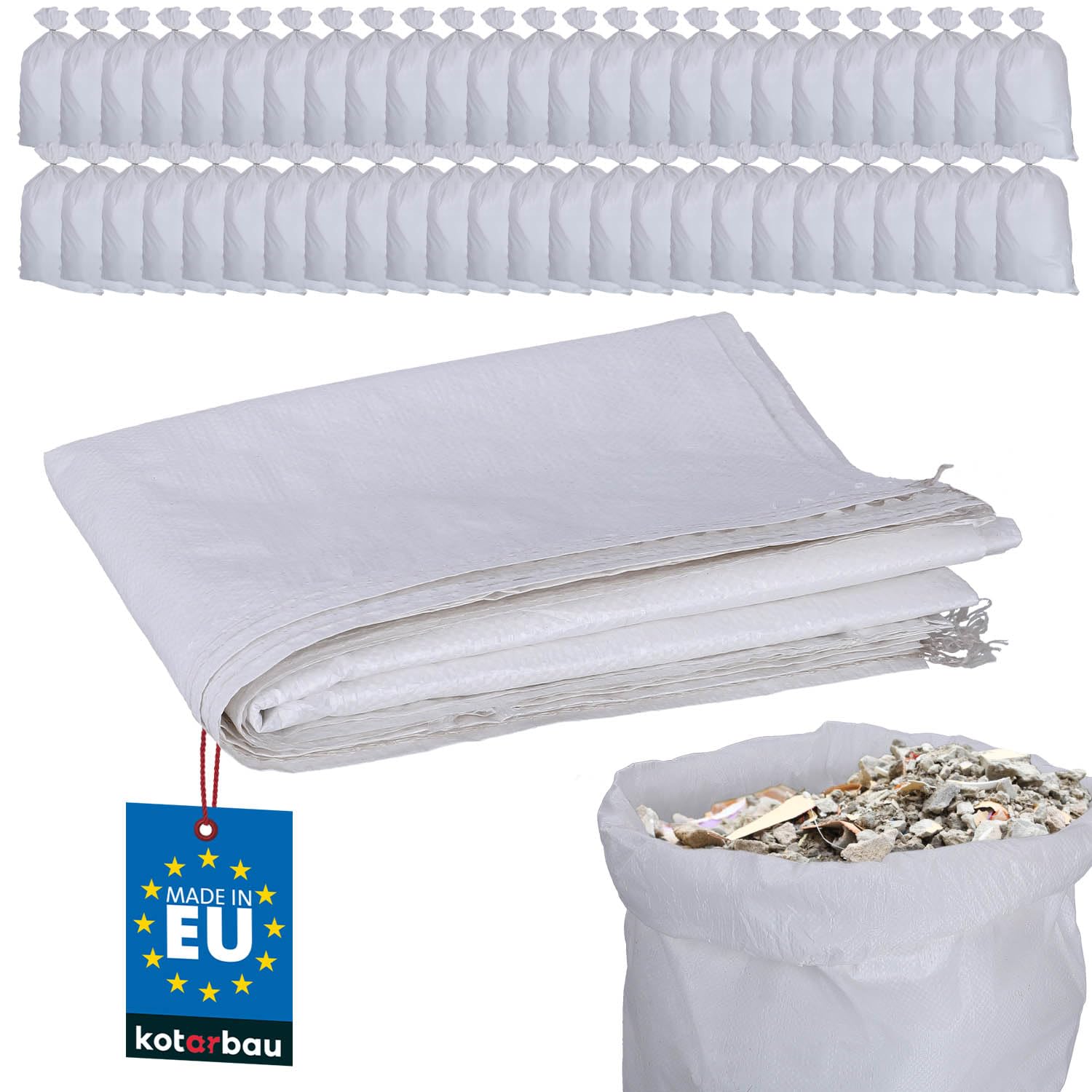 KOTARBAU® 50er Set PP Gewebesäcke 65x105cm Schwerlast-Gewebesack Weiß 50kg