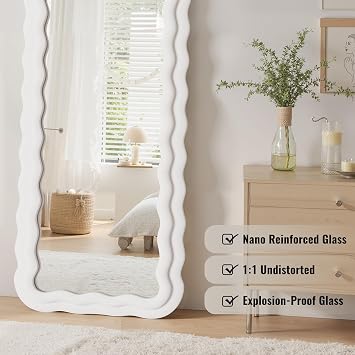 Anpark Full Length Mirror 71x30 Rectangule Wavy Full Body Wall Mounted Floor Mirror with Ivory Flannel Wrapped Frame Leaning Hanging for Bedroom Entrance