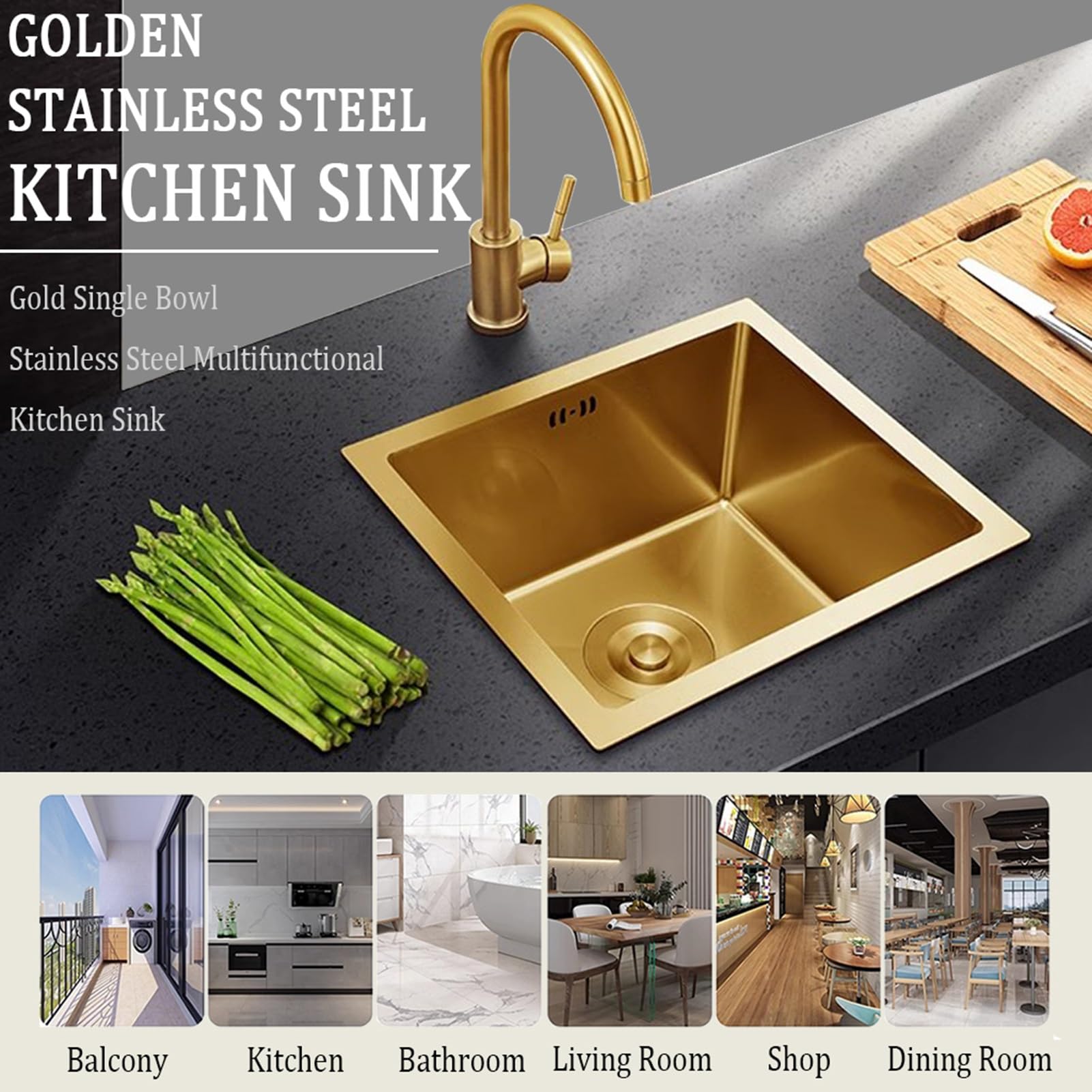 Gastro Waschbecken Edelstahl, Goldfarbene Barspüle, Unterbau-Barspüle, kleine Barspüle mit Einzelbecken, Wohnmobilspüle, Gold-Nano-Edelstahl mit goldenem Abfluss und Ablaufkomponenten (55 x 40 cm)