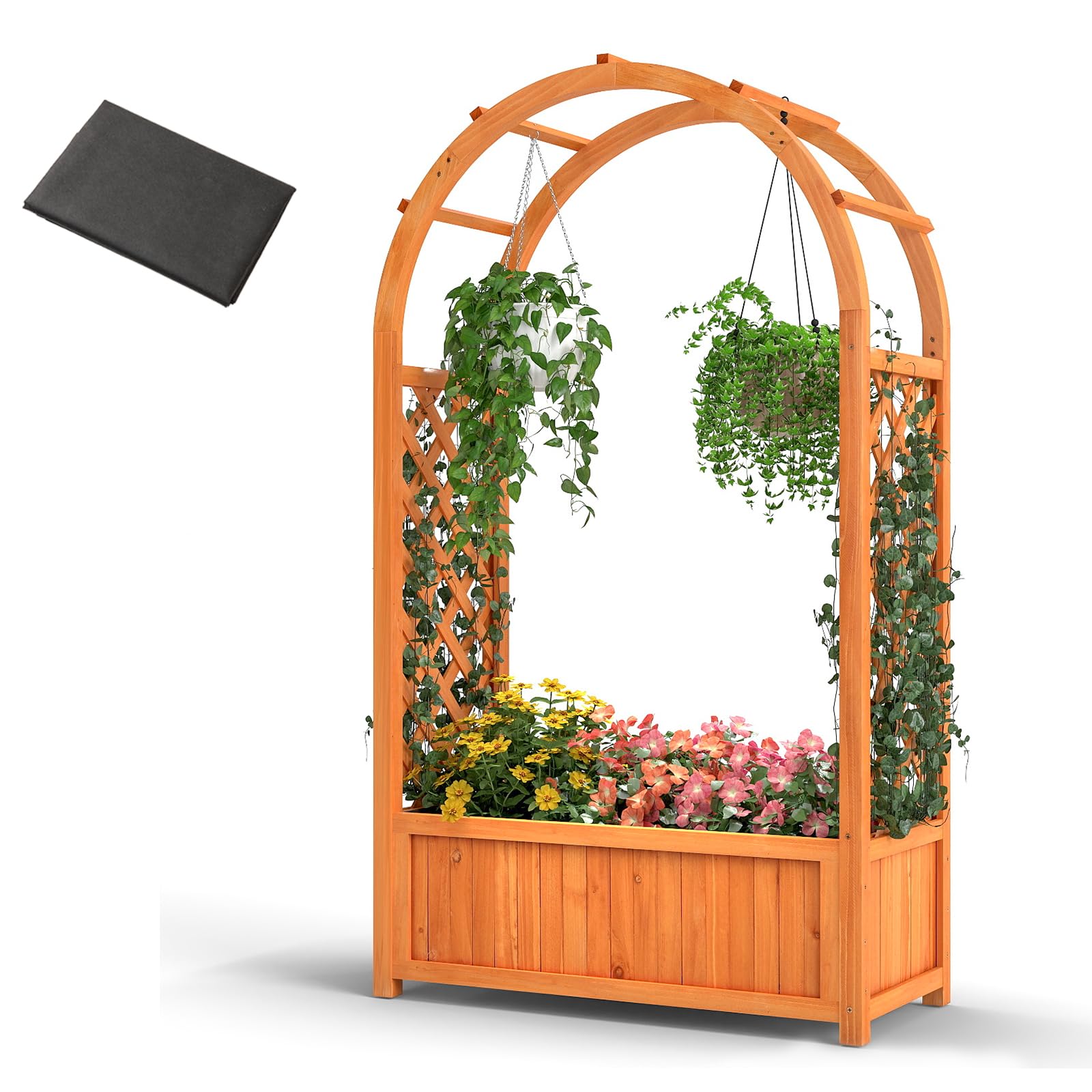 HOMASIS Fioriera con Grigliato a Forma di Cupola, Vaso per Piante da Esterno in Legno di Abete, Orto Rialzato da Giardino per Piante Rampicanti, Cesta Sospesa, 77 x 31 x 22 cm, Arancione