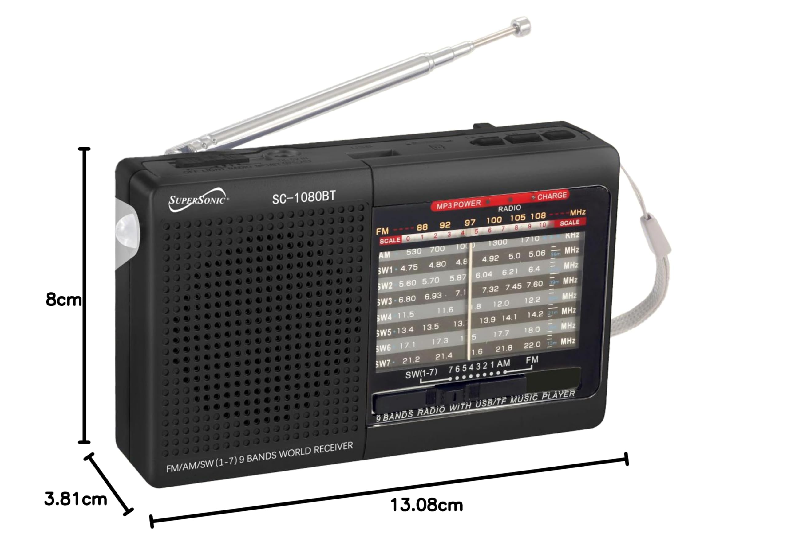Supersonic Sc1080bt Bt 9 Band Am/FM/Sw Radio Blk - 6.10in. x 3.50