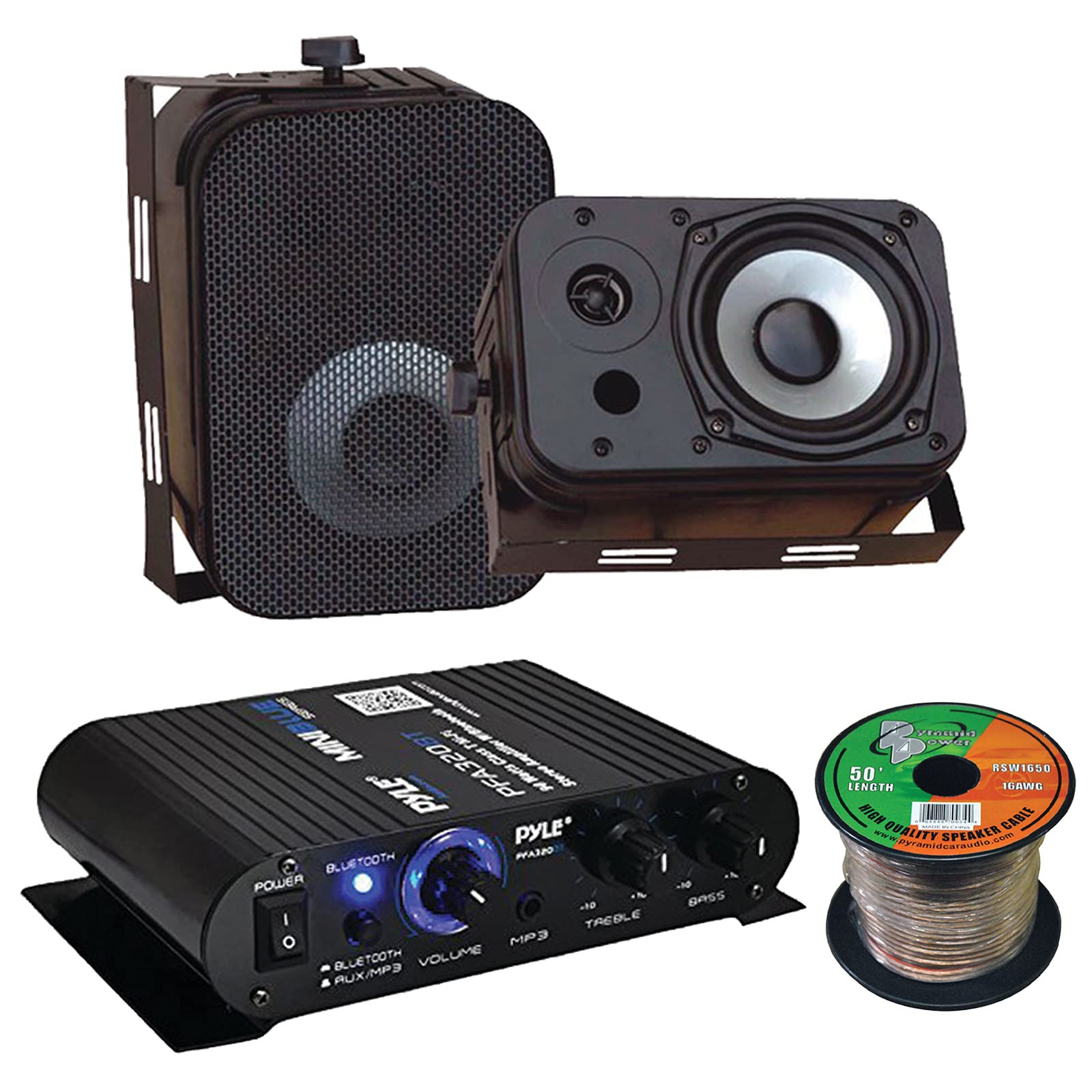Pyle PFA330BT 2-Channel 90 Watt Max Power Bluetooth AUX Compact Class T Amplifier System Combo Bundle with 2X 5.25 400W Peak Power Indoor/Outdoor Black Waterproof Speakers, 16 Gauge Speaker Wire
