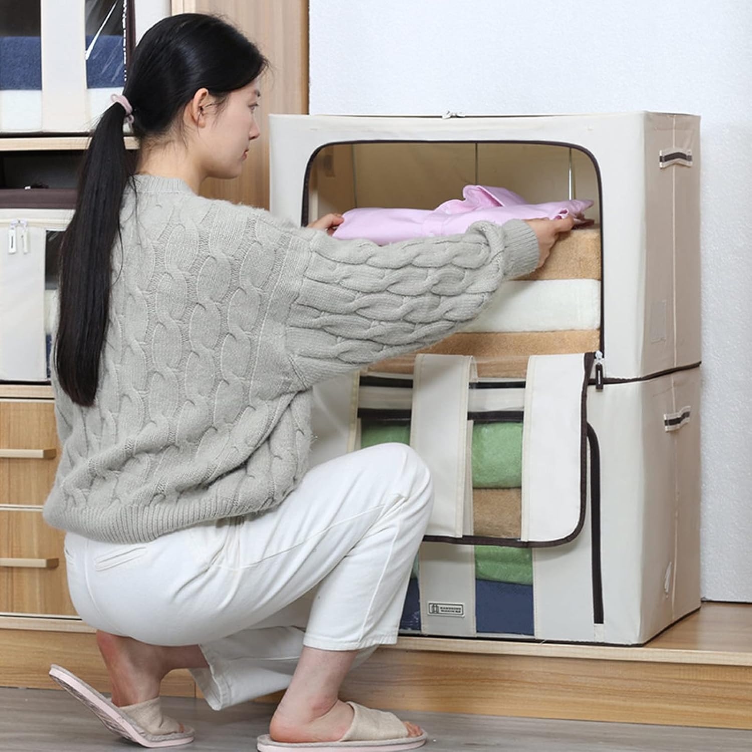 ASkinds 2Pcs 66L Clothing Storage Box Folding Quilt Holder Container Blanket Pillow Organizer with Double Zipper Clear Window for Home Closet(Beige)