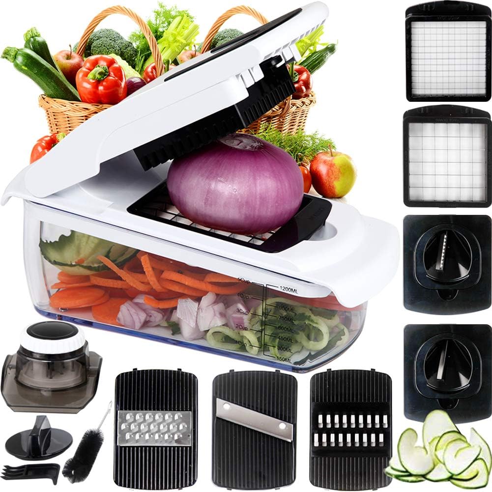 7 in 1 Vegetable and Onion Choppers, Mandolin Slicer and Food Dicer. Multifunctional Cutter for Food. Includes Mandoline, Julienne, Spiral Slicer and Ribbon slicer. Large and Small Dicer Insert. Best for Onions, Potatoes, Carrots, Tomatoes etc. Strengthened ABS and PS Plastic with Stainless Steel Blades