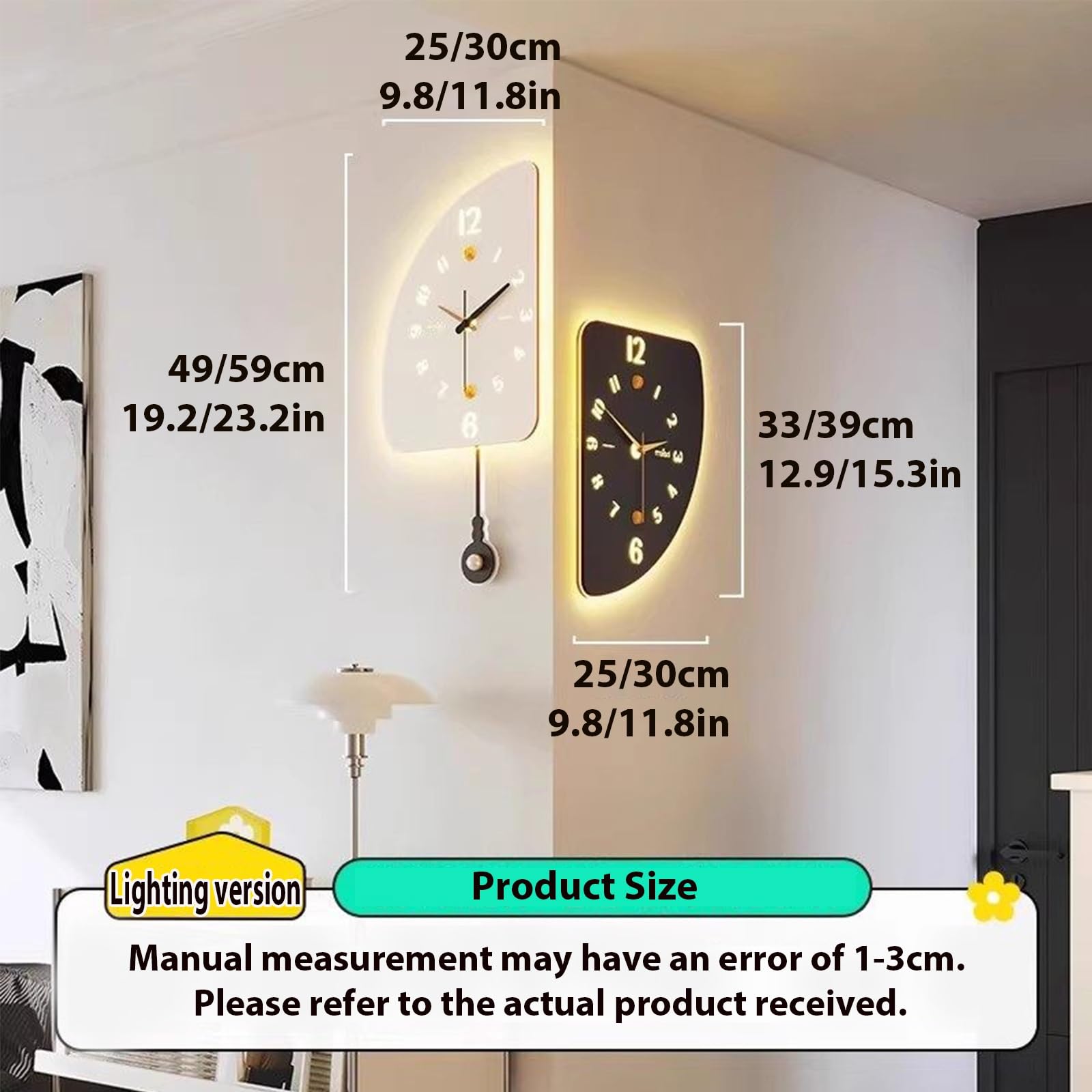 Genérico Reloj de Pared de Esquina 3D de Doble Cara, Reloj de Esquina de 90 Grados con luz, Reloj de Pared Luminoso silencioso (White 49cm/19.2in)