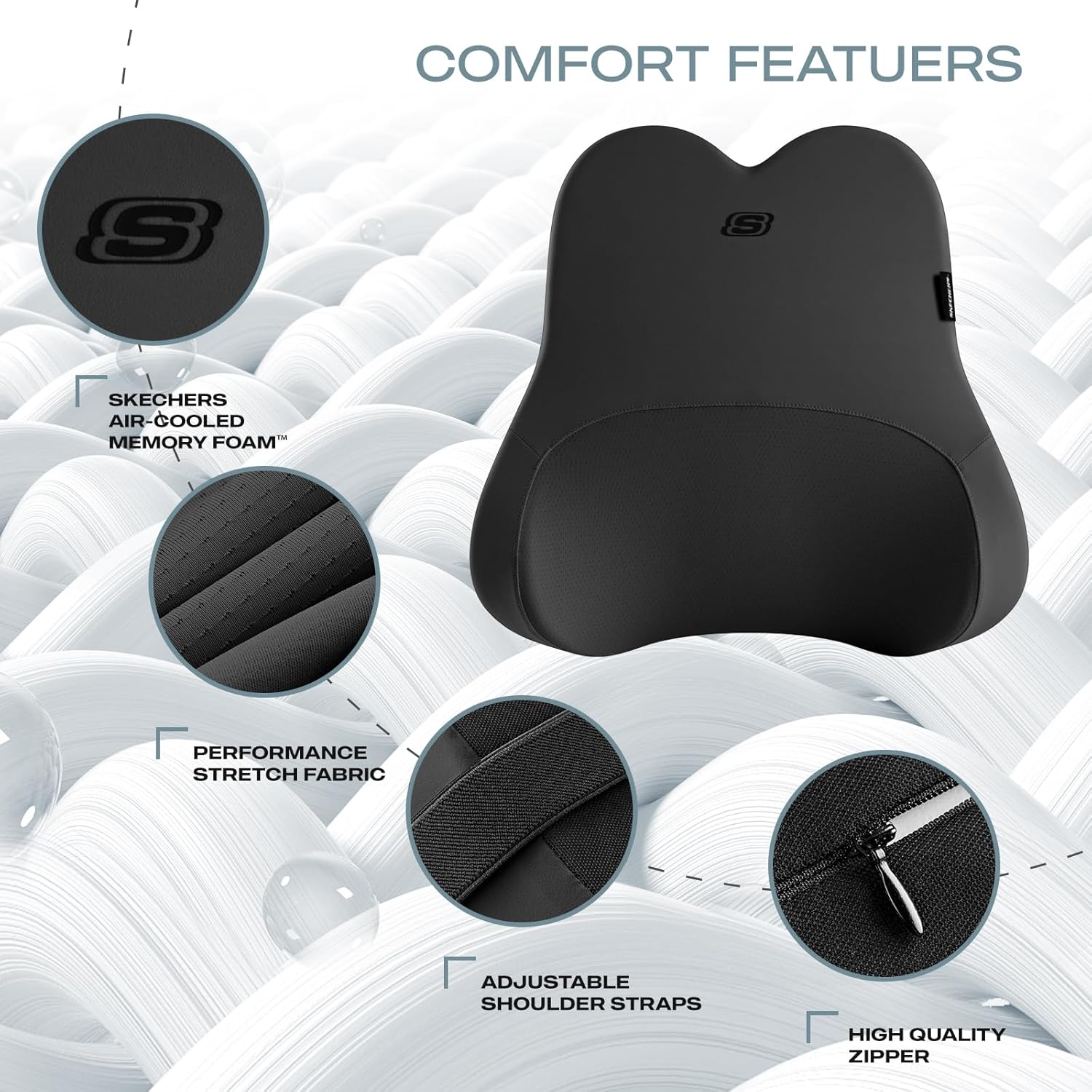 Skechers Air-Cooled & Memory Foam Lumbar Pillow,Lumbar Support Pillow for Office,Chair Lower Back Pain Relief Lumbar Pillow,Ergonomic Design Back Support Pillow for Office Chair,Car,Home,Travel,Black - Image 3