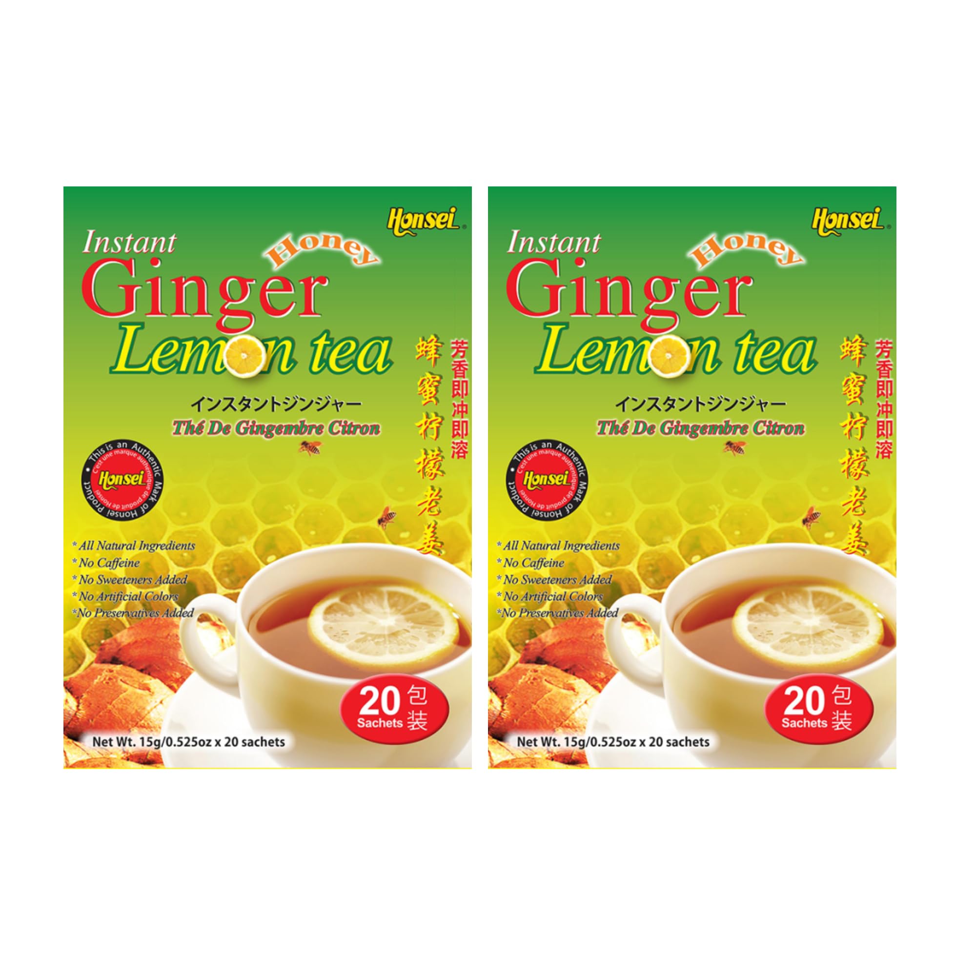 Honsei Instant Ginger Honey and Ginger Lemon Tea Set, 20 Sachets Each Flavor Total 40 Sachets (Ginger Lemon - 2 Pack)