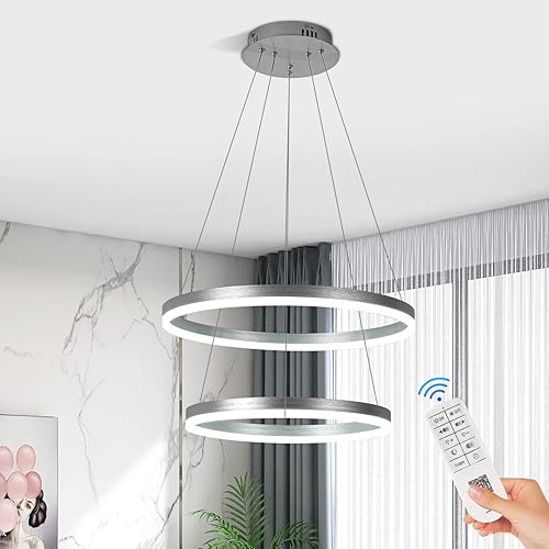 2-Rings Modern LED Chandelier Silver for Dining Room, Dimmable Pendant Lighting with Remote Control Circular Flush Mount High Ceiling Light for Bedroom Living Room Foyer, 3000K-6500K CCT Changing