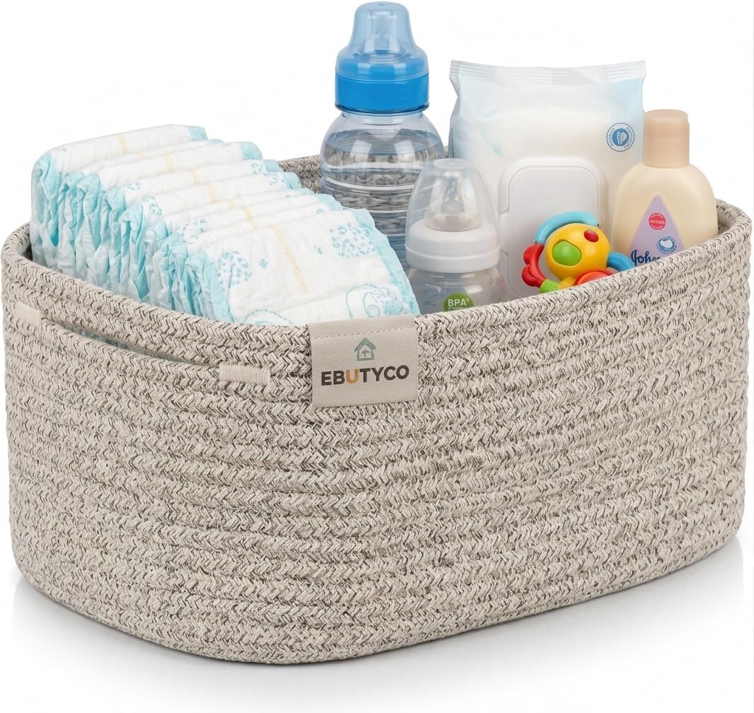 Non-metal Fabric Storage Bin Organizer, Cute Small Woven Cotton-Rope Basket 12×8×5 Inches, Decorative Cube Bin with Handles for Shelves, Cat/Dog Toys,Pack of 3, Mixed Brown