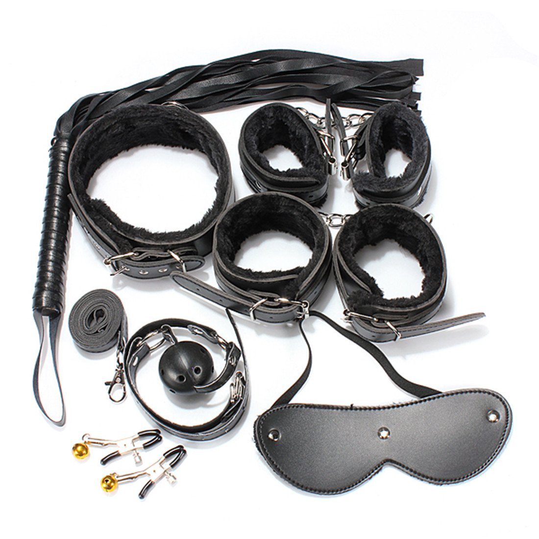 Black Furry Bondage Set Fetish Whip Nipple Clamps Gag Blindfold Cuffs Collar Toy (Black) (Black)