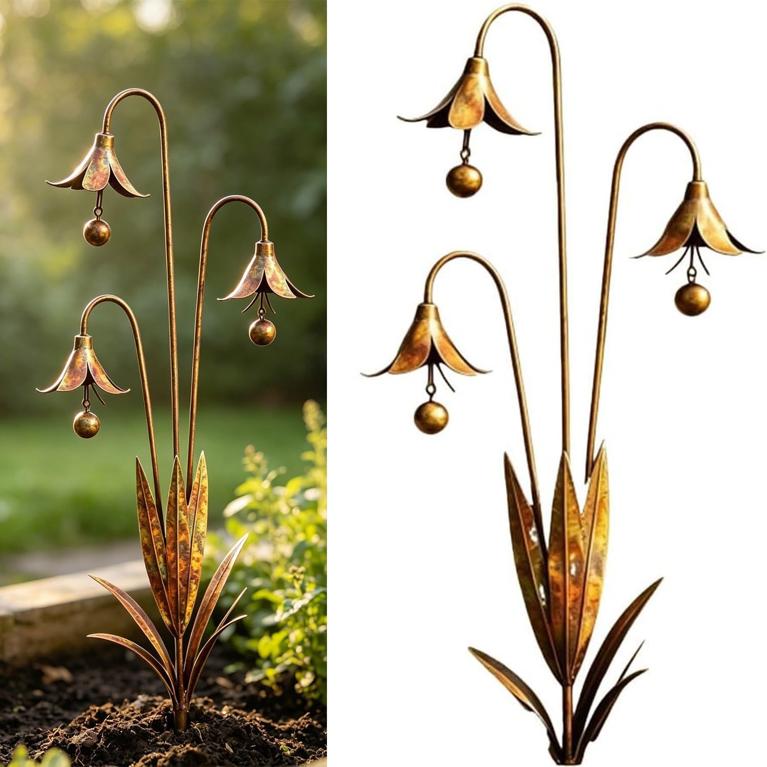 Triple Bluebells Garden Stake, Metal Garden Decor for Outside with Bells, Metal Flower Garden Stakes for Walkways, Patios & Lawn, Metal Flowers Outdoor Decor, Flower Yard Statue Art Decor