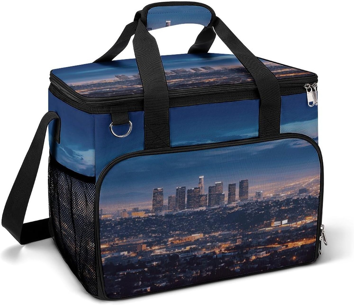 Insulated Picnic Backpack Tote Bag, Large Capacity 30L Los Angeles Skyline Cooler Bag Leakproof Beach Bags Portable Lunch Box Waterproof Picnic Basket for Beach Camping BBQ
