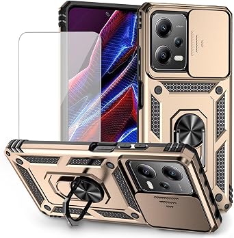 for Redmi Note 12 Pro Case, Poco X5 Pro 22101320G Case with Tempered Glass Screen Protector and Slide Camera Cover, Magnetic Ring Car Mount Holder Cover for Xiaomi Redmi Note 12 Pro 5G Gold