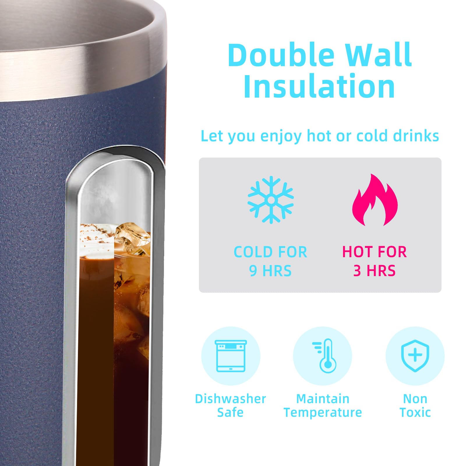 Volhoply 14oz Insulated Stainless Steel Coffee Mug with Lid Bulk 2 Pack,Double Wall Vacuum Travel Coffee Cup with Handle,Reusable Metal Tumbler,Camping Mugs Keep Hot,Christmas Gifts(Navy,2) - Image 3