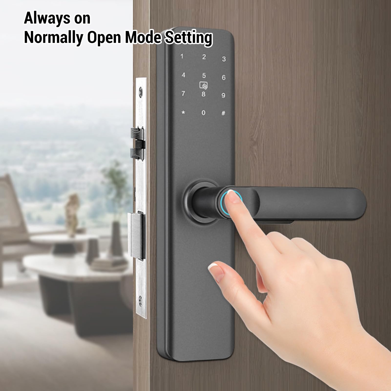 Cerradura de Puerta con Huella Dactilar, Cerradura con Teclado | Acero y ABS; Puertas Interiores de dormitorio; Claves en app; Modo silencio; Respaldo USB-C; Manija inteligente.