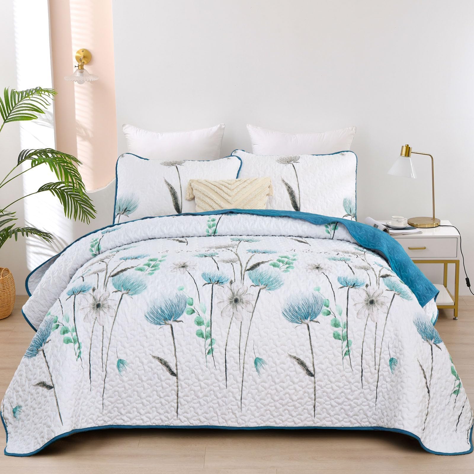 Dinjoy King Quilt Set, 3 Pieces Teal Boho Bedspreads, Fall Flower Bedding