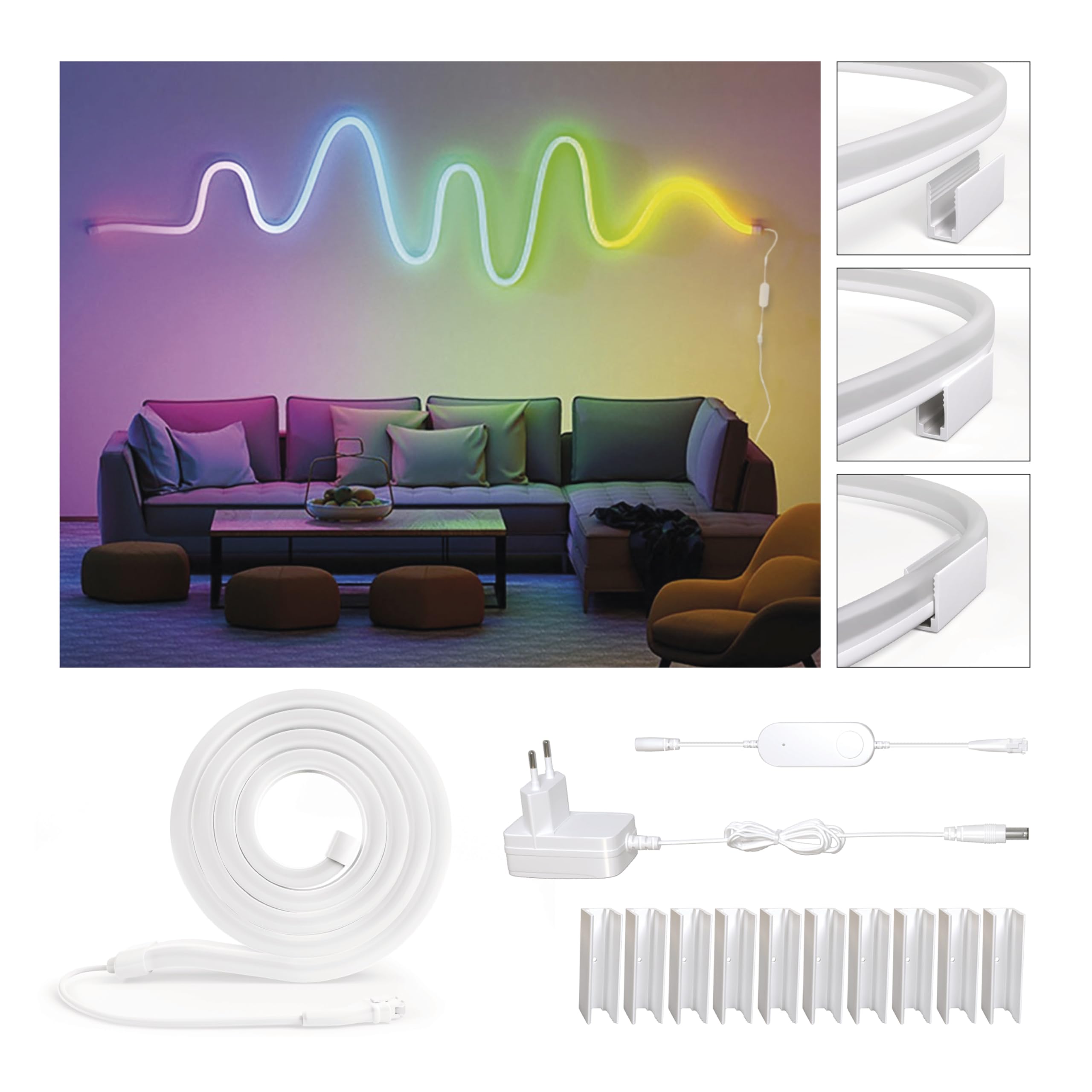 EMOS - Smart RGBIC Neon Strip, 3 m - Illuminazione da parete Wi-Fi con 16+ milioni di colori, dimmerabile - Strisce LED in silicone - Illuminazione per ambienti interni e feste - Include 1,6 cavi e