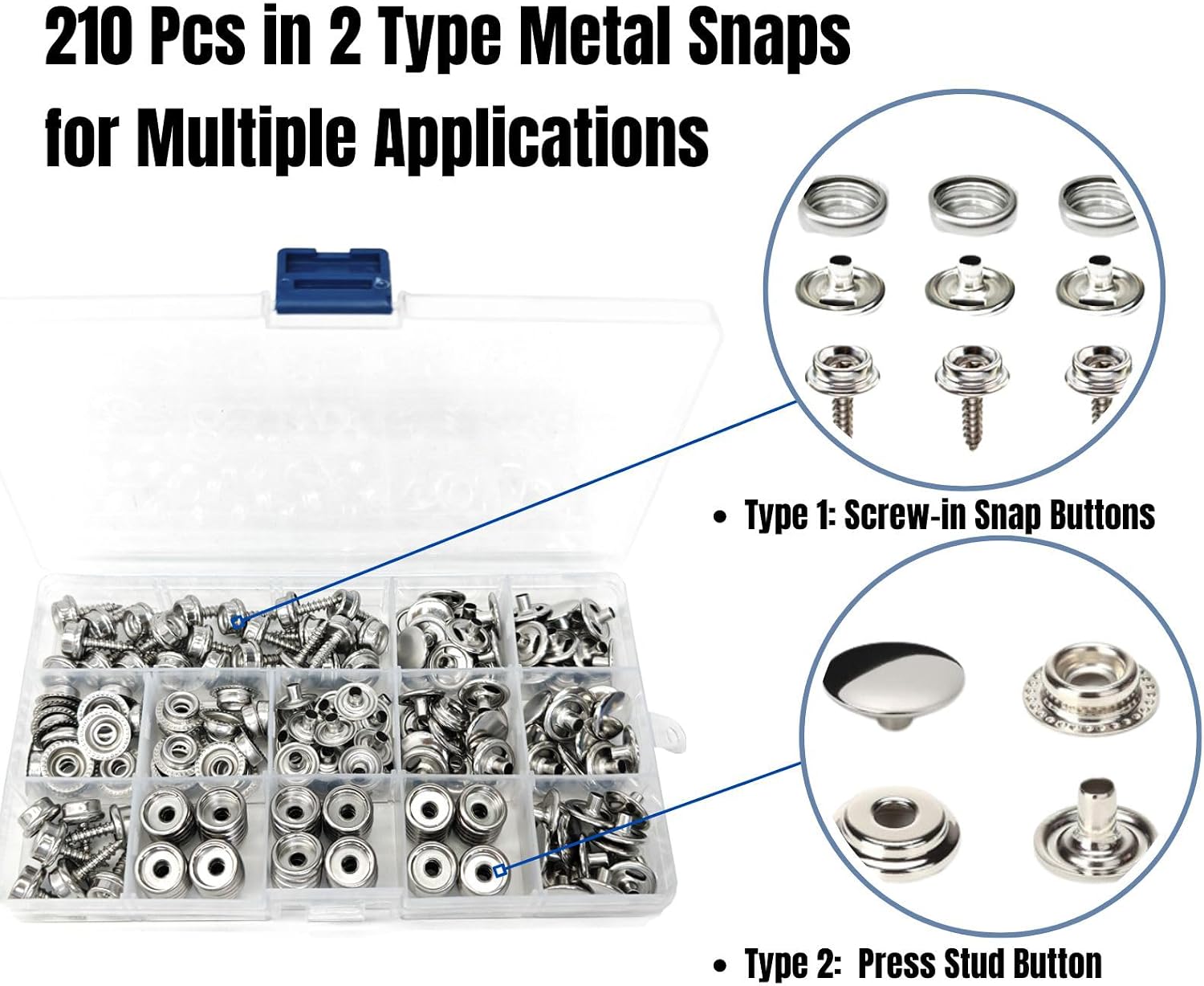 Stainless Steel Snaps, 210Pcs Marine Grade 15mm Snap Button Mixed with Screws & Press Stud Buttons, for Boat Canvas/Cover/Carpet/Cushion/Leather/Upholstery Snaps Replacement