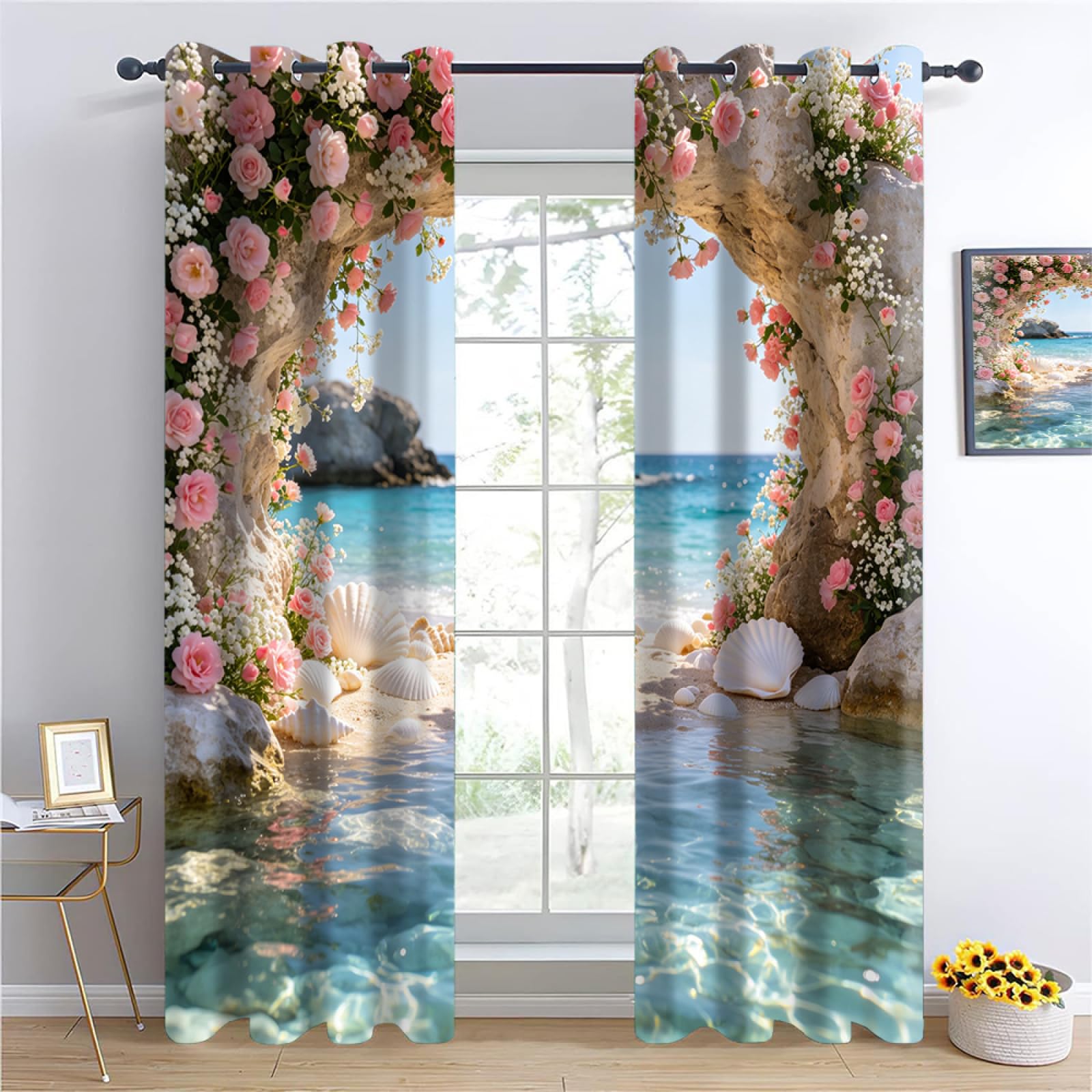 YNIOFU beach Insulated Blackout Curtains,Flower arch Bedroom Curtains, Pink Roses Drapes for Kids Nursery, Garden Theme Living Room Printed Noise Reducing W96 x L183cm 2 Panels