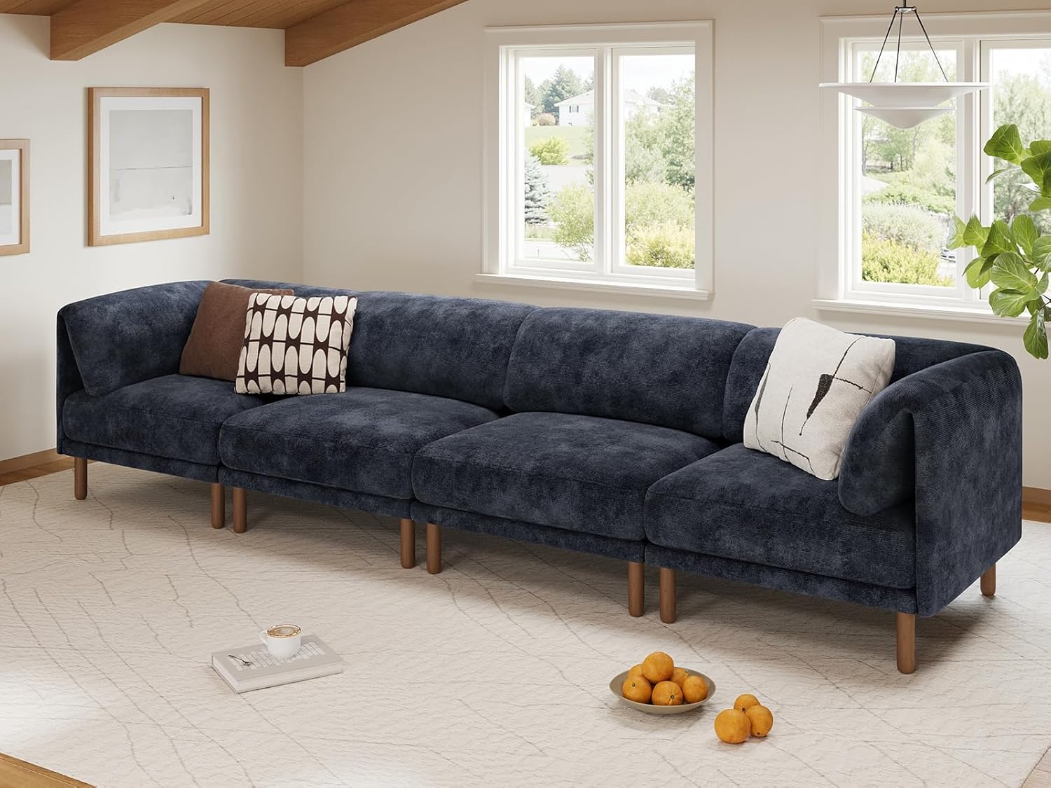 CUGOAO Modular Sectional Sofa, 3-Seater Mid Century Modern Sectional Couch, Deep Seat Modular Couch, Chenille Comfy Solid Wood Couches for Living Room, Apartment, Office, Easy to Install, Blue