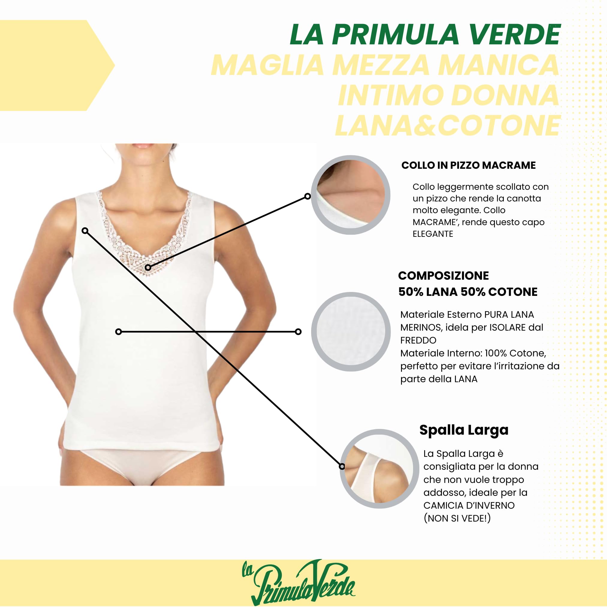 Canottiera Intimo Donna Spalla Larga con Pizzo, Canotta Lana Cotone, Maglia Termica Donna, Ideale Termica in Stagione Invernale, da 3 a 8, Made in Italy
