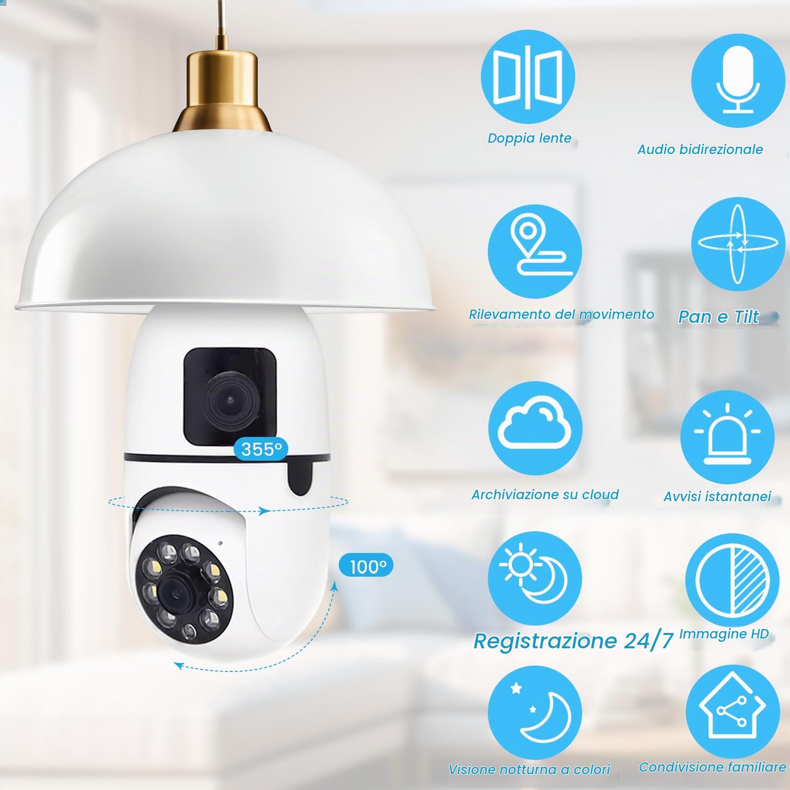 Telecamera Lampadina WiFi Esterno, Doppia Lente Wireless Lampadina con Presa di Luce E27, Motion Tracking, Visione Notturna per la Sicurezza Domestica Interna Light Socket Security Camera