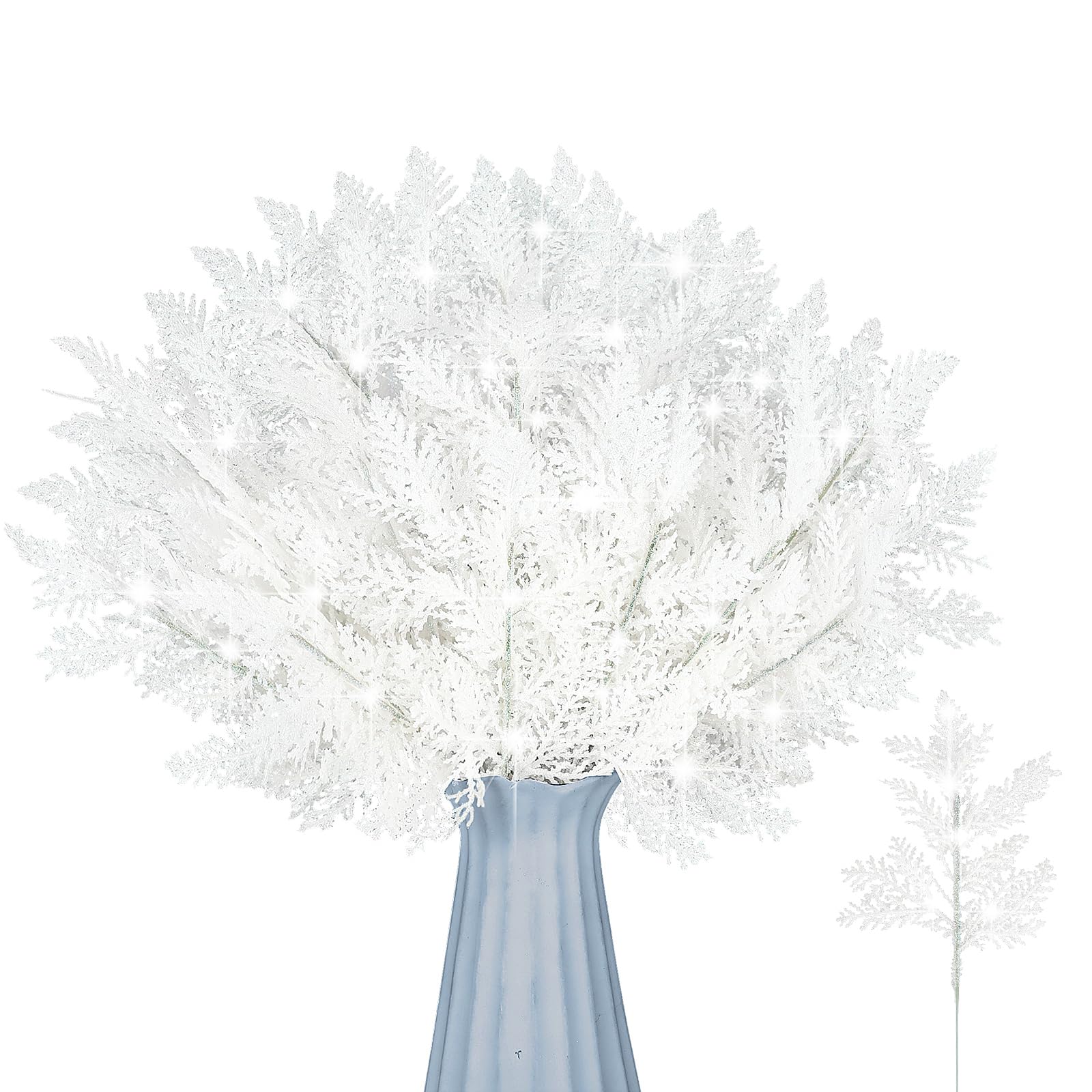 Cindeer 100 Pcs Christmas Tree Picks Sprays 10.24 Inch Glitter Artificial Pine Leaves Cedar Stems Faux Pine Needles Greenery Cedar Branches for Home Garland Wreath Winter Decoration(White)