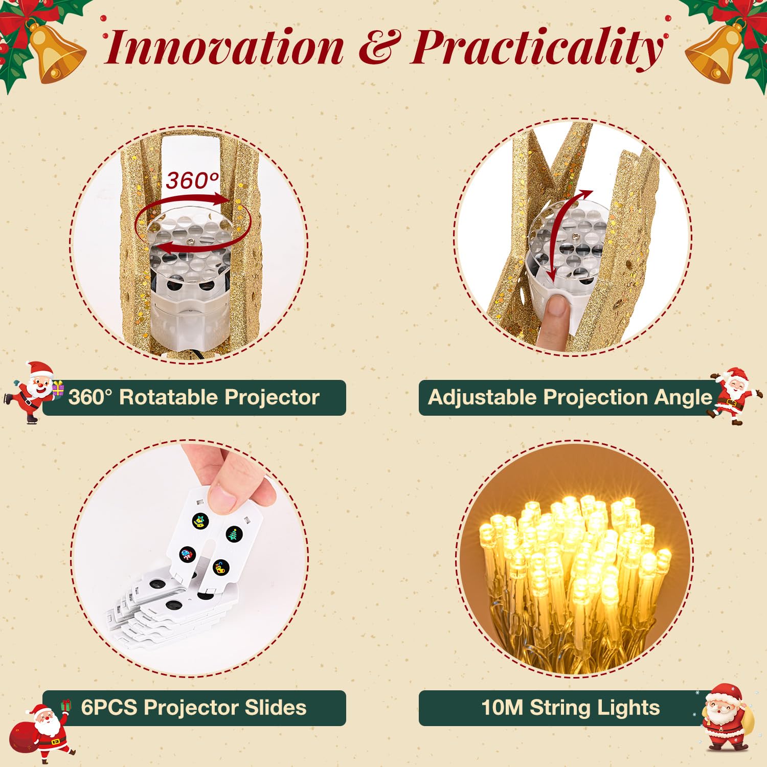Cimier de sapin de Noël éclairé avec guirlande lumineuse chaude de 10 m - Décoration de sapin de Noël avec projecteur rotatif 3D - Pour intérieur ou extérieur - Pour fête de Noël - Doré