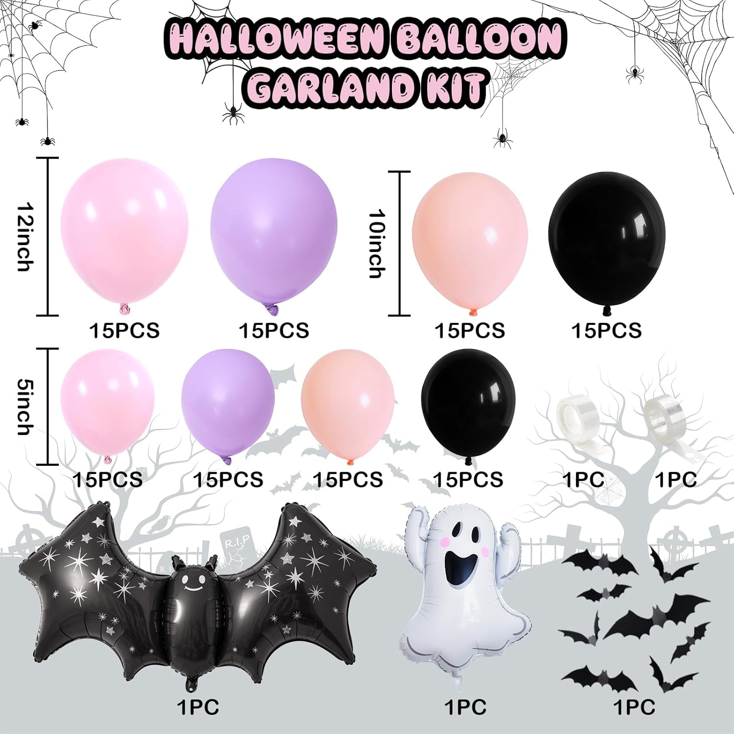 Pink Purple Halloween Balloon Arch Garland Kit, 125pcs Pastel Witch Halloween Balloon with Bat & Cute Ghost Foil Balloons for Girls Baby Shower halloween Boo Spooky Season Indoor Party Decorations - Image 2