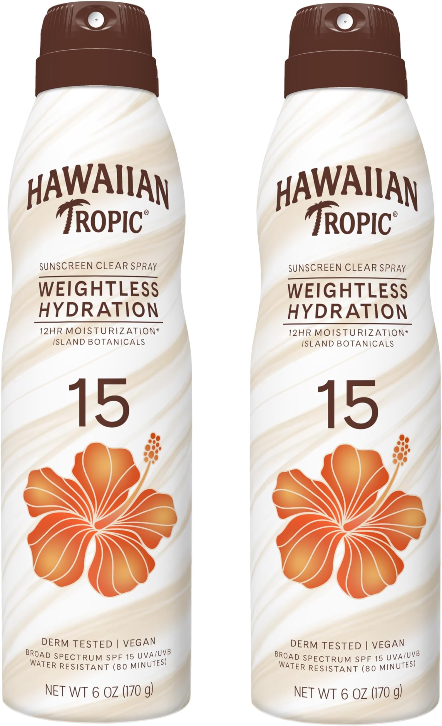 - Hawaiian Tropic Weightless Hydration Clear Spray Sunscreen SPF 15, 6oz Twin Pack, Hawaiian Tropic Sunscreen SPF 15, Sunblock, Oxybenzone Free Sunscreen, Spray On Sunscreen Pack, 6 oz each
