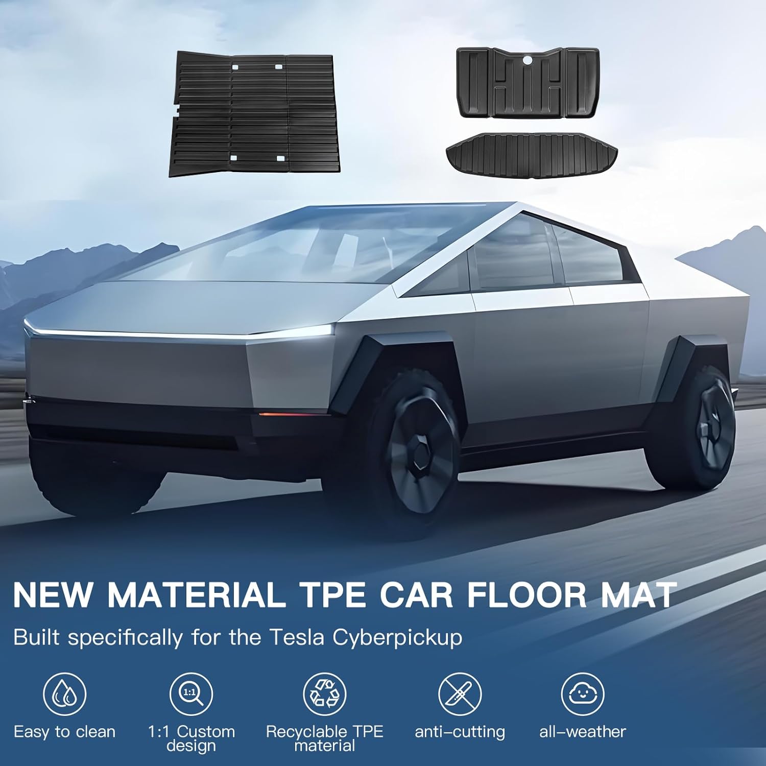 SeamlessTraverse Truck Bed Mats for 2024+ Tesla Cybertruck - TPE Cargo Liners, 3-Piece Set Accessories Durable Trunk Protection