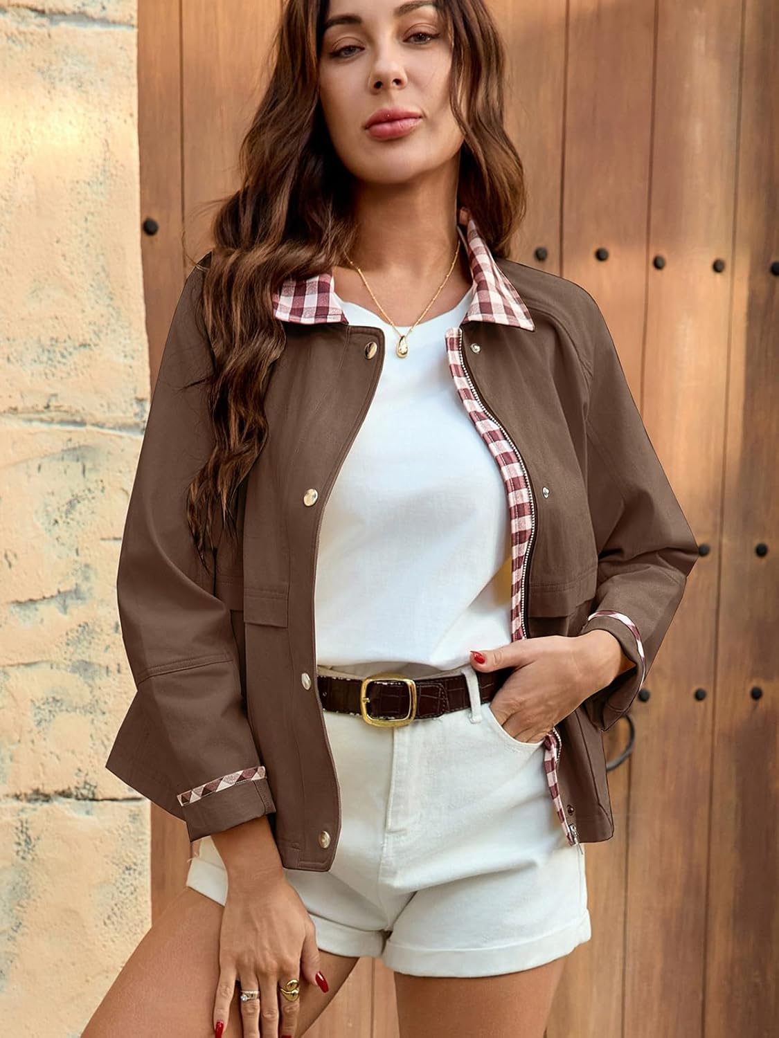 WOWULOVELY Women Cropped Bomber Jacket Zip up Plaid Barn Coat Lightweight Casual Gingham Spring Cargo Outwear with Pockets