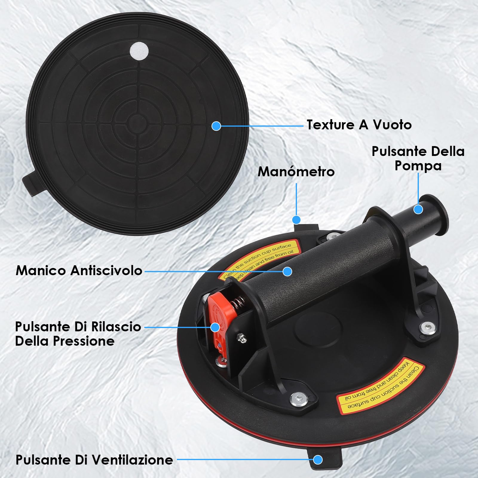 2 Pezzi 8" Ventosa per Piastrelle con Barometro, Ventose Capacità di Carico Max. 200 kg, Ventosa con Scatola di Trasporto per Vetro, Piastrelle, Marmo