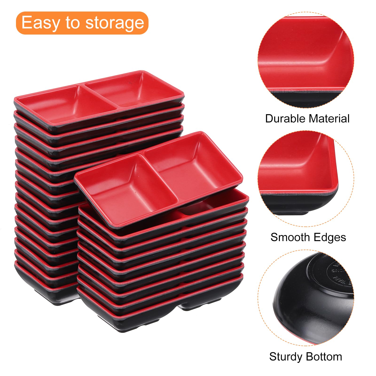 QUARKZMAN 24Pcs MF Cuadrados Tazones Para Salsas Pequeños Tazones Negros Rojos Para Guarniciones Con Plato Divisorio De 2 Compartimentos Platos De Salsa Para Condimentos Postres Hogar BBQ