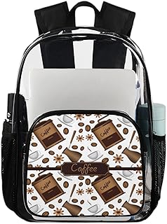 Mochila transparente com tema de café, sacos de livros resistentes, copo de café flores à prova d'água transparente mochila PVC transparente com alça de ombro reforçada para escola, trabalho, viagens, Multicor