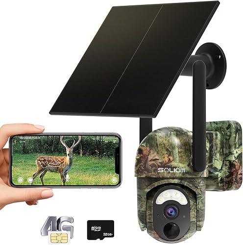SOLIOM S50 4G Cellular Trail Camera,No WiFi Wireless Outdoor Security Camera with Solar Panel,Pan Tilt 355View,2K HD Solution,Night Vision,32GB SD