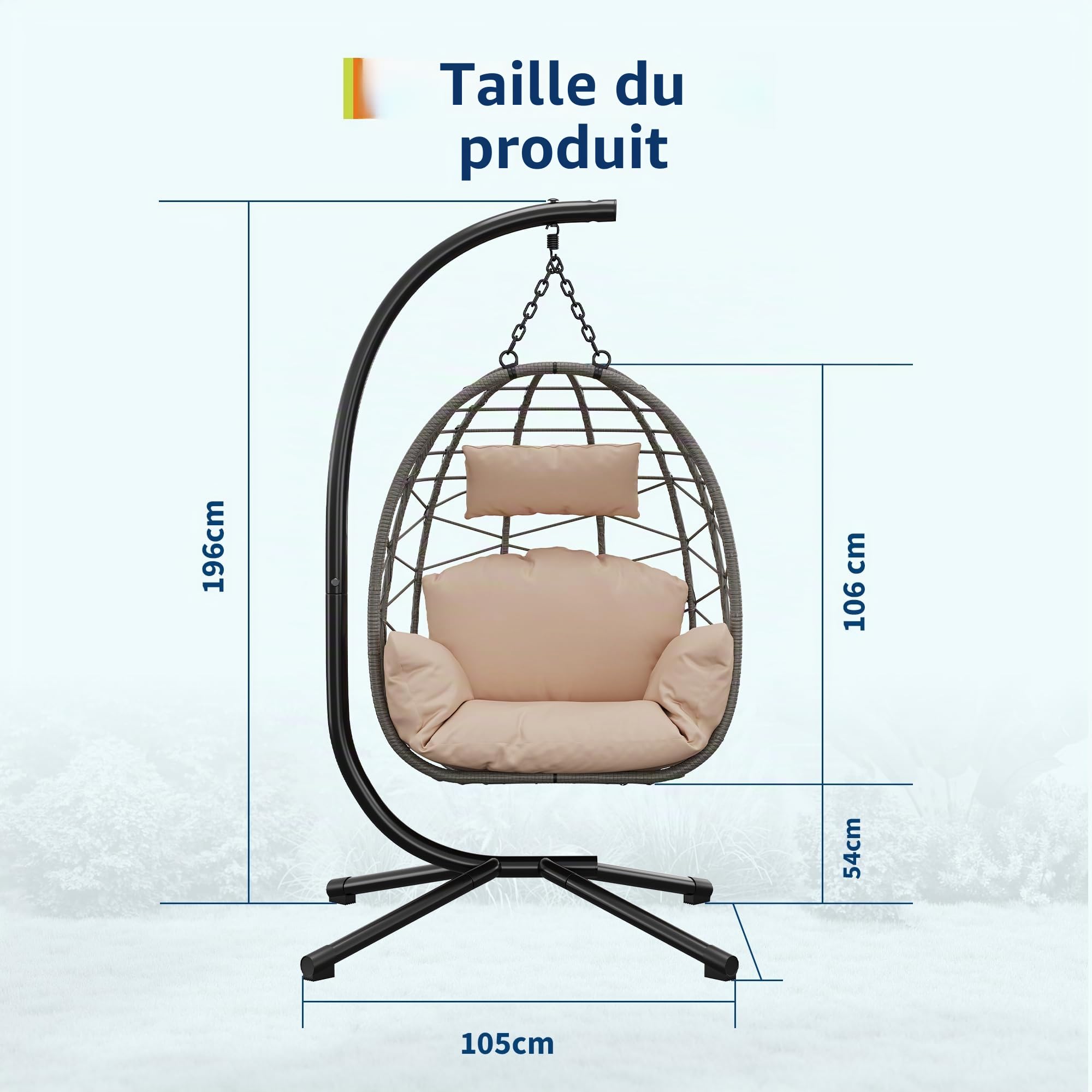 Fauteuil suspendu avec armature pour extérieur, résistant jusqu'à 150 kg, fauteuil en rotin avec armature métallique, idéal comme siège suspendu avec armature pour jardin, terrasse et balcon Beige