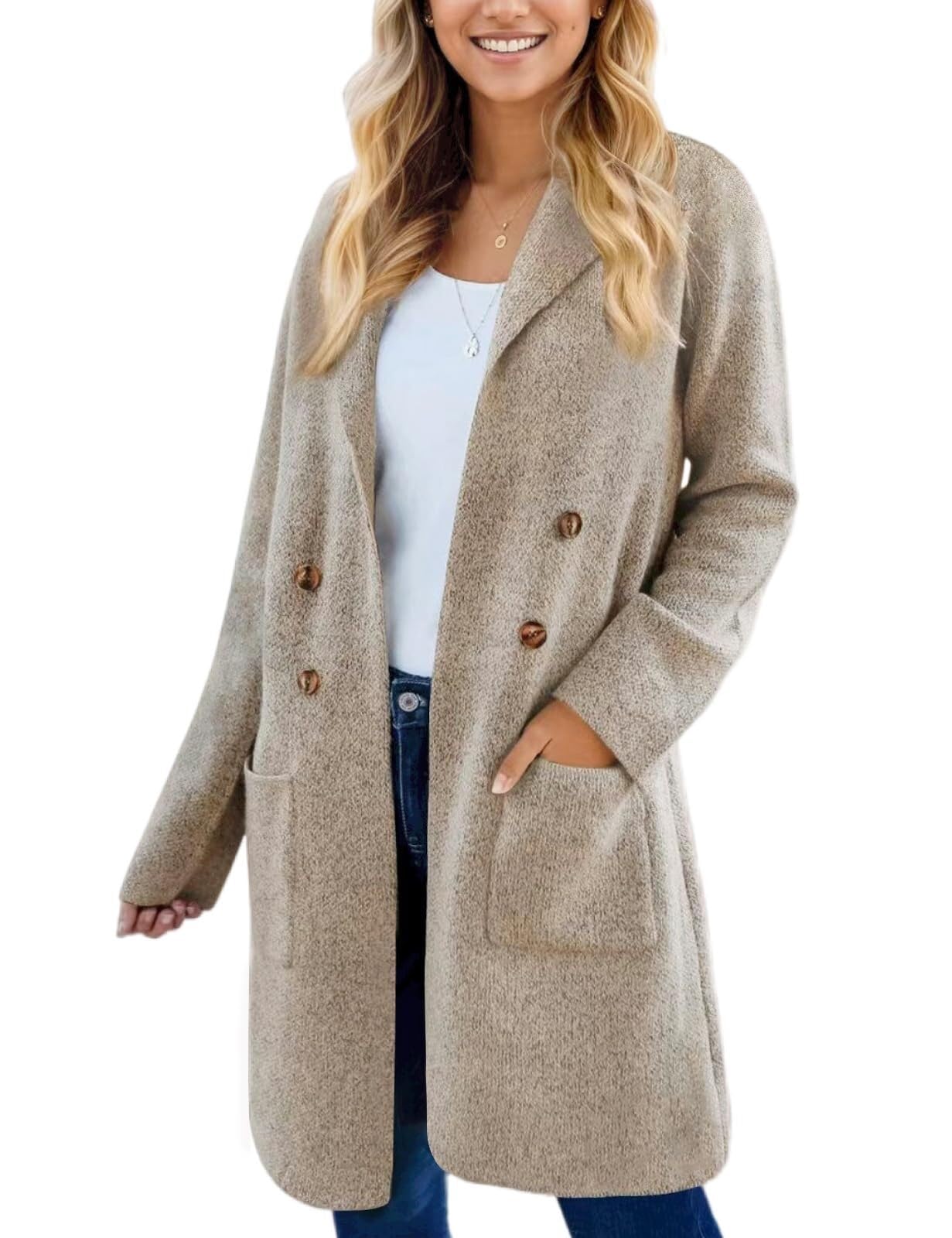 Lockenstab Women's Autumn Long Cardigan Pullover Trendy Cardigan Coat Elegant Blazer Coat, B Khaki, L