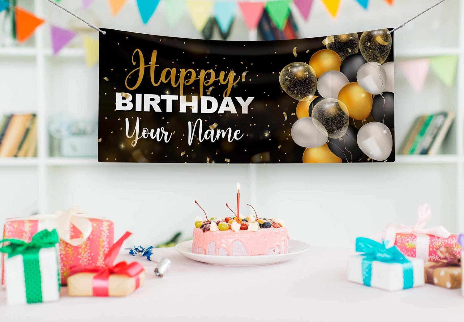 Happy Birthday Personalized Banner. Black and Gold with Multiple Sizes. Customize your Birthday Party Decoration with this Waterproof Vinyl Sign for Indoor or Outdoor Celebrations (2ft x 6ft)