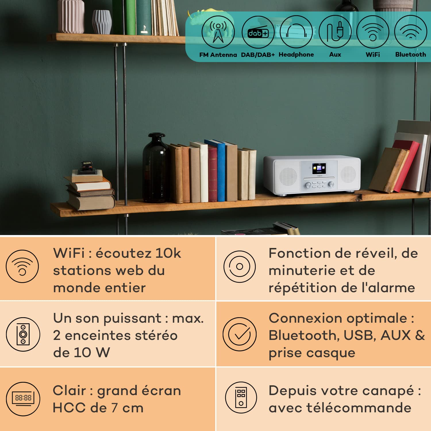 Oneconcept Radio Portable CD, Chaine HiFi, Poste Radio Numérique Dab/Dab+/FM et Streaming, Radio Portables Stéréo, Écran HCC, Radio FM, MP3, AUX, Alarme de Réveil, Télécommande, Alimentée au Secteur