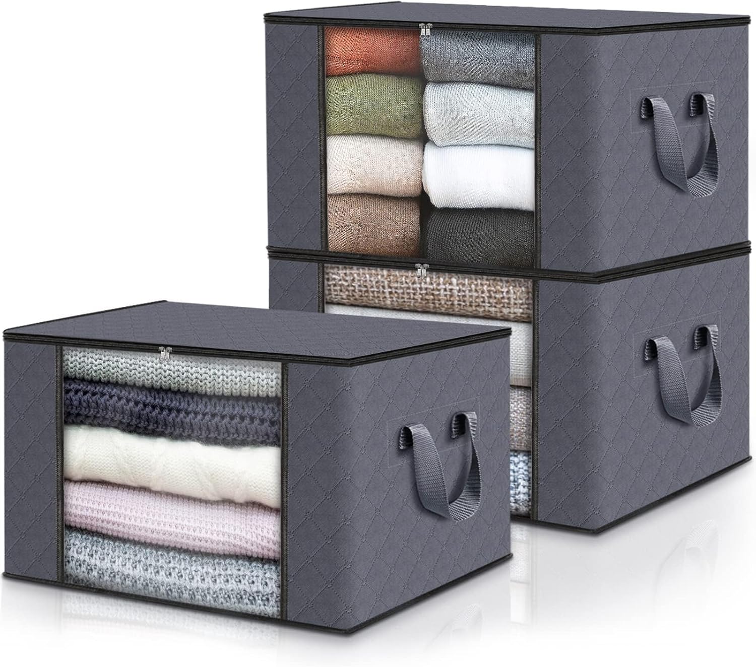Fab totes 3Pack Clothes Storage, Foldable Blanket Storage Bags, Storage Containers for Organizing Bedroom, Closet, Clothing, Comforter, Organization and Storage with Lids and Handle, Grey