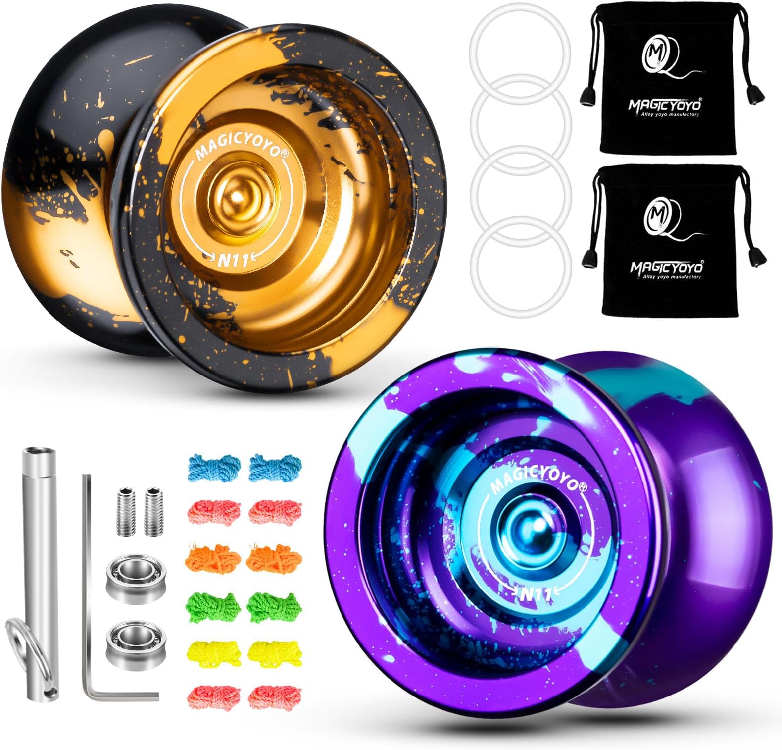 MAGICYOYO Pack of 2 Dual Purpose Yoyo N11 Responsive Yoyo with Unresponsive Bearing for Advanced Player Adults + Removal Bearing Tool + 2 Bags +12 Yoyo Strings - Black Golden+ Purple Blue
