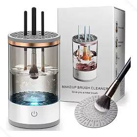 Maquina Limpador Limpeza De Pincéis De Maquiagem Prático, limpador de pincéis de maquiagem elétrico limpador de pincéis cosméticos automático com escova limpa tapete giratório limpador de pincéis de maquiagem (Branco / Fume)